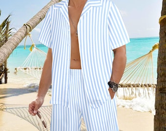 Light Blue Striped Shirt Shorts Outfit Set Men, White vertical Stripe Matching Hawaiian Beach Male Guys Summer Short Sleeve Button Up Down