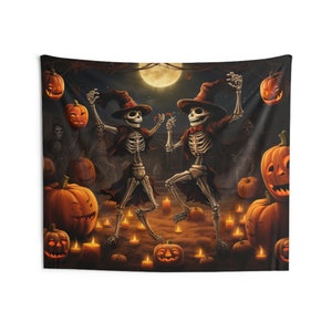Dancing Skeleton Halloween Tapestry, Pumpkins Wall Art Hanging Cool Unique Landscape Aesthetic Large Small Decor College Dorm Room