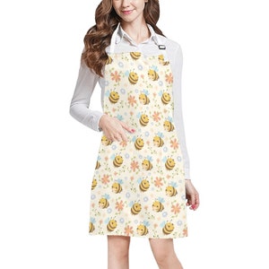 Bees Apron for Women with Pockets, Flowers Chef Cute Funny BBQ Grill Cooking Birthday Garden Kitchen Adjustable Straps