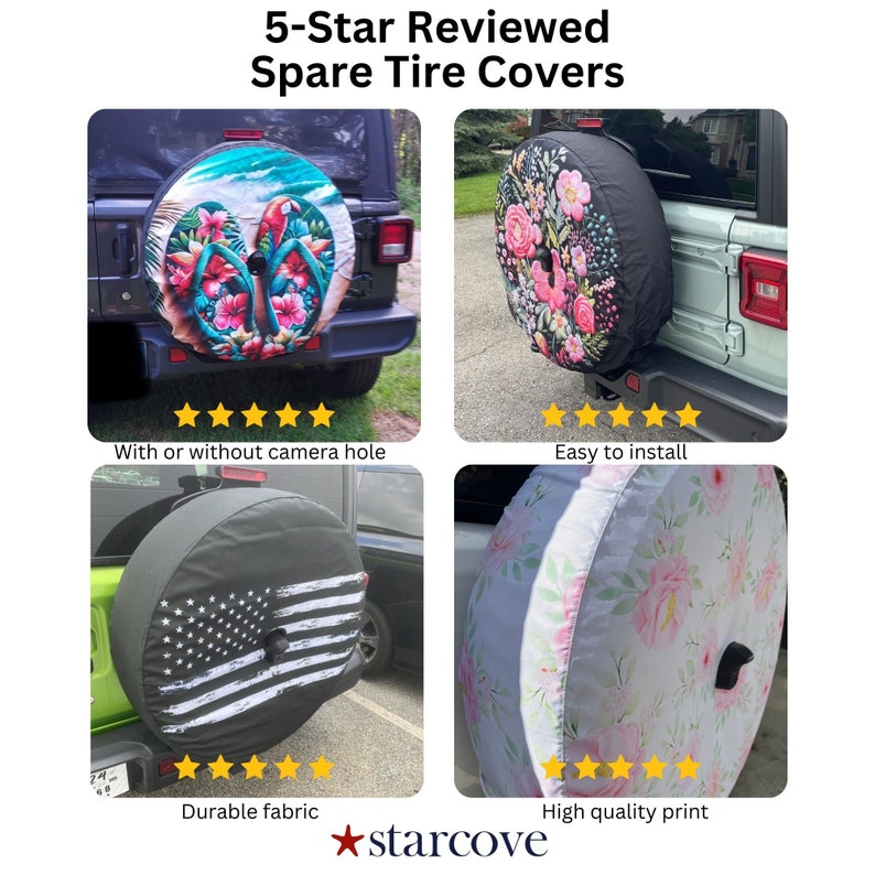 May include: Four spare tire covers with different designs. The covers are made of fabric and have a black background. The designs include a floral pattern, a tropical pattern with flip flops, an American flag, and a watercolor floral pattern. The covers are shown on a Jeep.