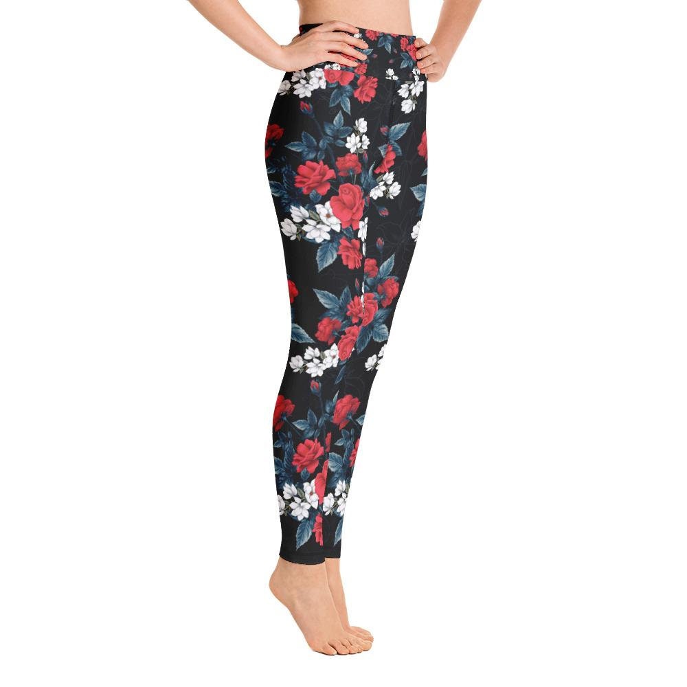 Floral Leggings for Women Red Rose Flowers Black Yoga Pants | Etsy