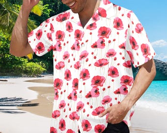 Camisa havaiana masculina California Poppy, vermelha, floral, praia, vintage, aloha, havaiana, retrô, tropical, plus size, bolso, masculina, botões