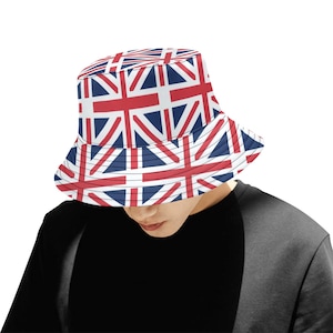Union Jack Flag Bucket Hat, Red White Blue England British UK Golf Cool Patriotic Summer Festival Women Men Designer Sun Shade