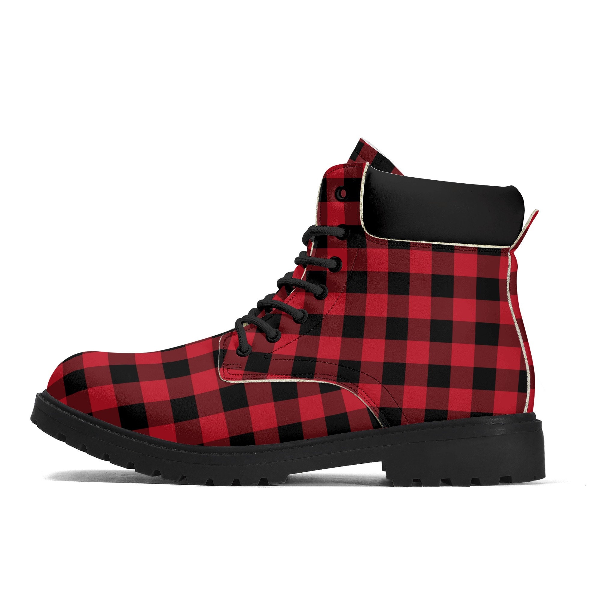 Men\'s Black and Red Plaid Boots Red Black Buffalo Plaid Hiking Leather Boots, Check Outdoor  main image 2