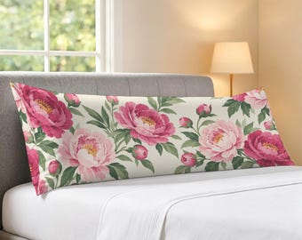 Pink Peony Floral Body Pillow Case,  Flowers Boho Blush Botanical Green Red Long Large Bed Accent Pillowcase Print Throw Decorative Cover