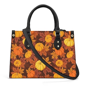 Fall Autumn Shoulder Purse, Pumpkins Leaves Brown Orange Vegan Leather Top Handle Handbag Print Small Bag Women Ladies Designer