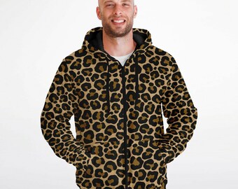 Leopard Zip up Fleece Lined Hoodie, Animal Print Brown Cheetah