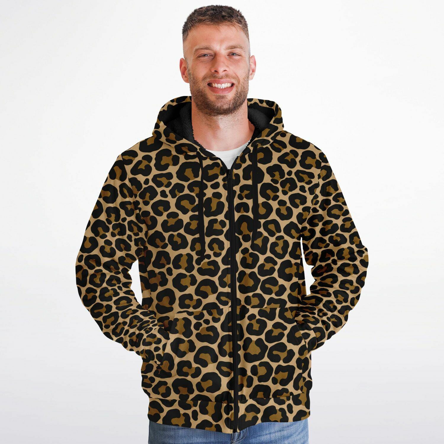 Leopard Zip up Fleece Lined Hoodie, Animal Print Brown Cheetah