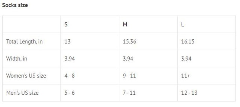 May include: Socks size chart showing total length, width, and UK shoe size conversions for small, medium, and large socks. Measurements are in inches.