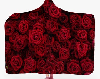Red Roses Hooded Blanket, Flowers Sherpa Fleece Soft Fluffy Warm Adult Men Women Kids Large Wearable Hood Valentine's Day Gift