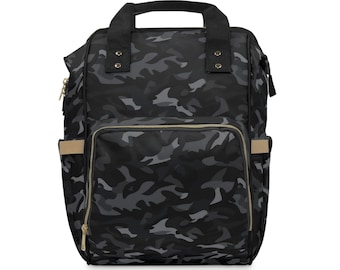 Mochila con bolsa de pañales de camuflaje negro, camuflaje para niña, bolsillos aislados impermeables, elegante diseñador para mamá, hombres y mujeres, multiusos