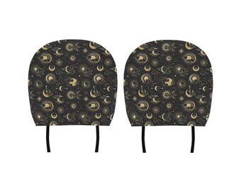 Sun Moon Stars Car Seat Headrest Cover (2pcs), Mystical Constellation Truck Suv Van Vehicle Auto Decoration Protector Estética Negra
