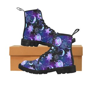 Sun Moon boots Women&#39;s Vegan Canvas Lace Up Shoes, Stars Oriental Galaxy Constellation Festival Print Black Ankle Combat Casual Custom Gift