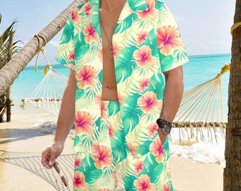 Tropical Shirt Shorts Outfit Set Men, Green Red Floral Hibiscus Hawaiian Beach Male Guys Summer Short Sleeve Button Up Down Luau Party