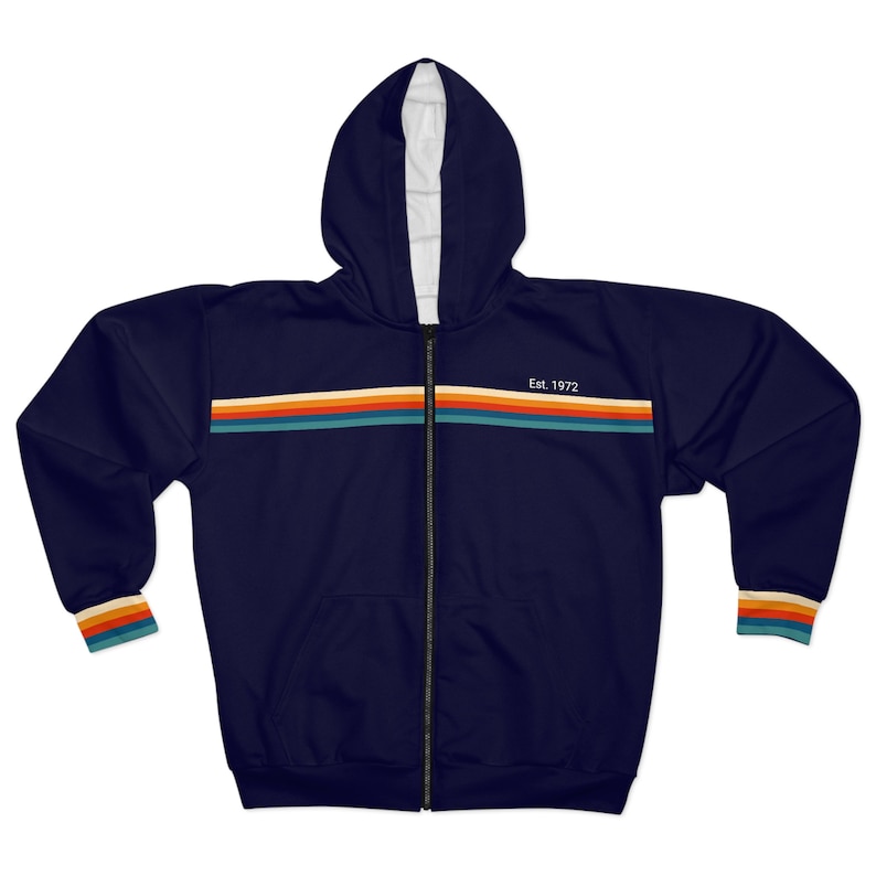 Sweat à capuche entièrement zippé à rayures rétro des années 70, bleu marine vintage rayé arc-en-ciel poche zippée hommes femmes unisexe esthétique graphique polaire sweat à capuche image 5