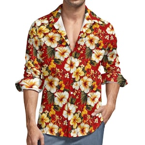 Camisa abotonada de manga larga con flores hawaianas rojas para hombre, estampado floral retro vintage de los años 70, cuello abotonado, vestido informal de 1970 con bolsillo en el pecho