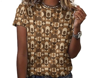 Mid Century Modern Women Cotton Tshirt, Brown Retro Vintage Ladies Female Designer Adult Graphic Aesthetic Fitted Crewneck Tee Shirt Top