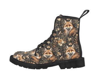 Stivali da donna con stampa di volpe, scarpe da festival con lacci in tela vegana con fiori di foresta animali floreali, allacciature alla caviglia, artigianali, casual, da strega