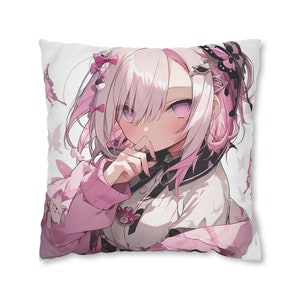 Anime Girl Pillow Case, Pink Square Throw Decorative Cover Room Décor Floor Couch Cushion 20 x 20 Zipper Sofa