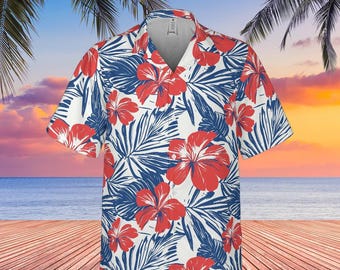 Rood wit blauw heren shirt Hawaï, tropische bloemen bloemenprint vintage zomer Hawaii aloha vochtafvoerend strand grote maat knop omhoog