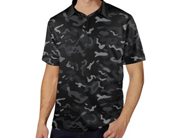 Schwarz Camouflage Männer Polo Kragen Hemd, Camo-Muster Casual Sommer Jungs Buttoned Up T-Shirt Kurzarm Sport Golf Tee