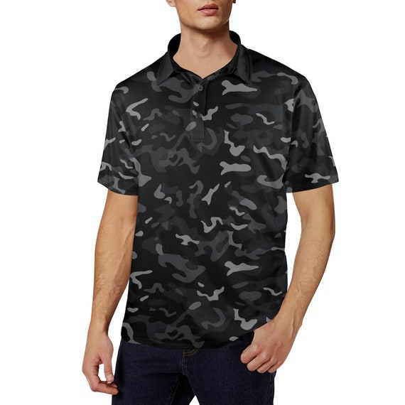 Black Camouflage Men Polo Collared Shirt, Camo Pattern