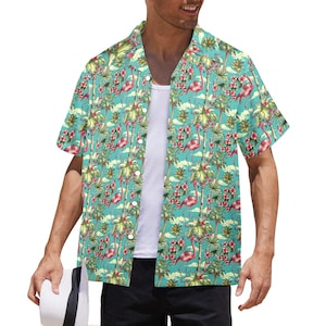 Pink Flamingo Men Hawaiian shirt, Vintage Red Retro Palm Trees Botanical Beach Green Aloha Hawaii Retro Tropical Plus Size Guys Button