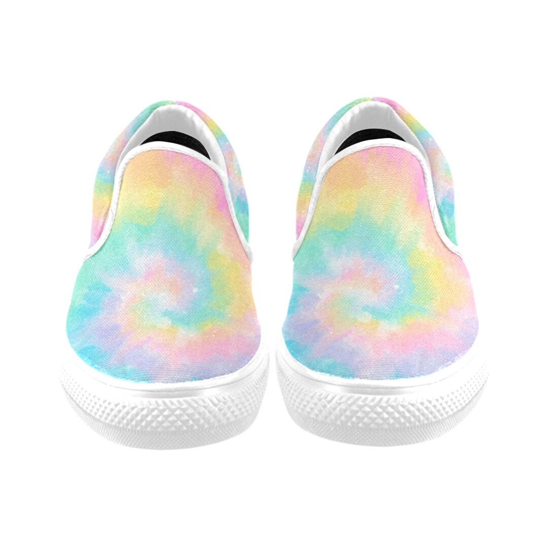 Pastel Tie Dye Women Slip on Shoes, Rainbow Canvas Sneakers White Low ...