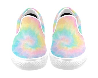 Pastel Tie Dye Women Slip On Shoes, Rainbow Canvas Sneakers White Low Top Casual Ladies Aesthetic Designer Flat Slide On
