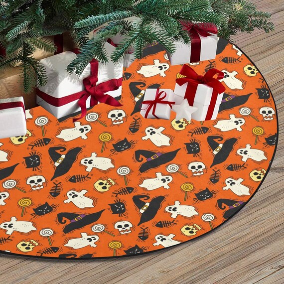 Halloween Tree Skirt, Orange Black Cat Ghosts Christmas Stand Base