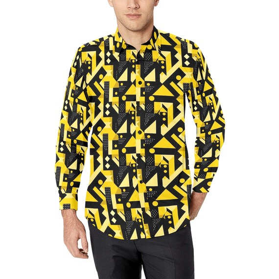 Men's Vintage Button Down Shirt – Long Sleeve, Black Gold Floral, Classic Fit