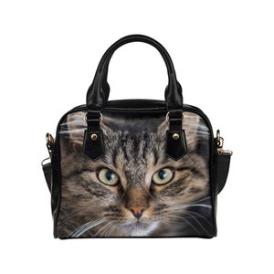 Sac à main chat mignon, animal chaton Kitty réaliste imprimé noir petit sac à bandoulière en cuir végétalien femmes sac à main de designer dames bandoulière