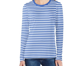 Camiseta de manga larga para mujer a rayas azules y blancas, diseñador de verano a rayas bretonas, estética gráfica, cuello redondo, camiseta femenina para mujer