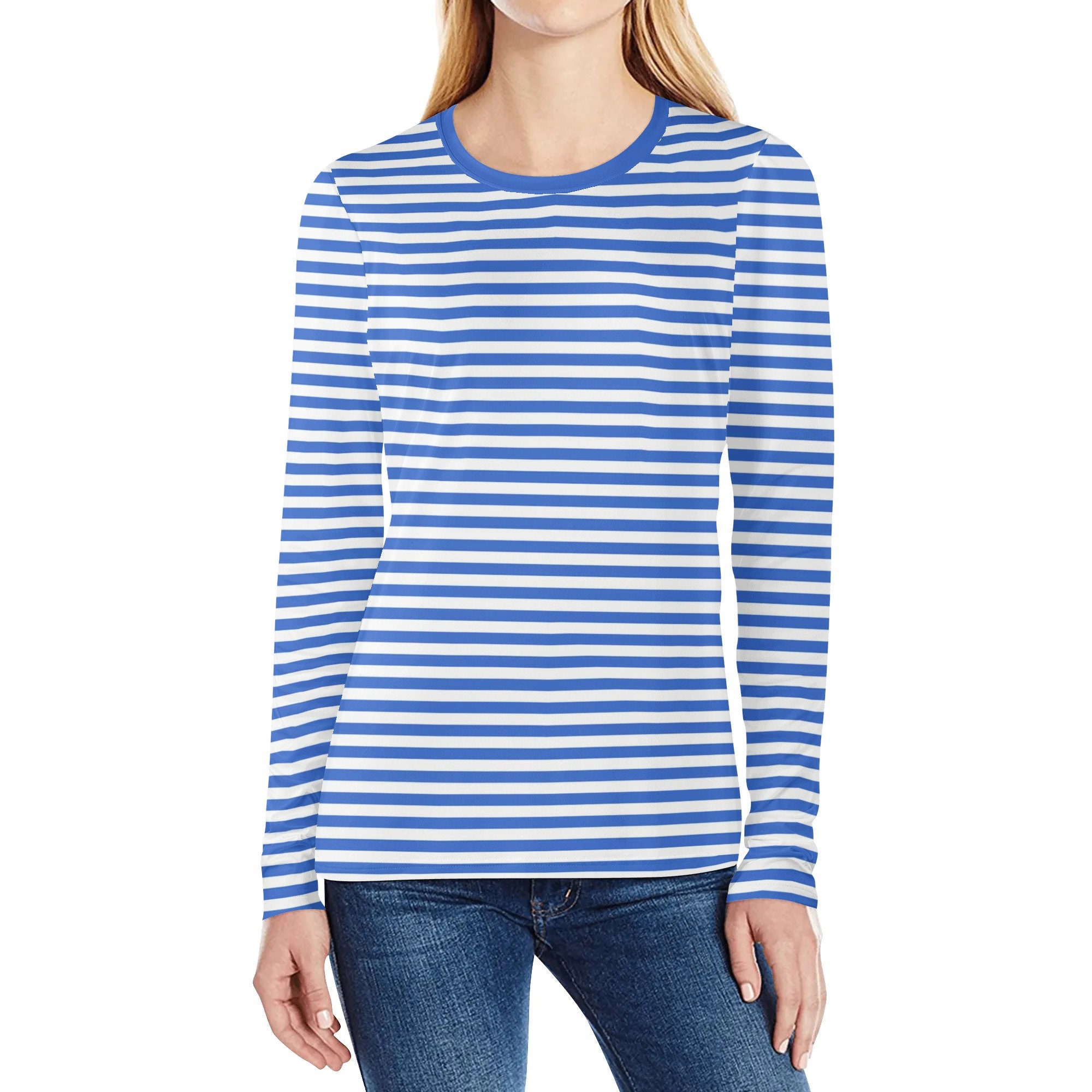 Blue and White Striped Women Long Sleeve Tshirt, Breton Stripe 