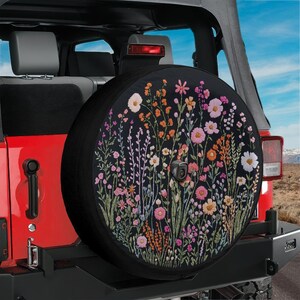 Wild Flowers Spare Tire Cover, Faux Embroidery Pastel Printed Grassy Botanicals Floral Wheel Unique Backup Camera Hole Trailer Back Women RV image 8