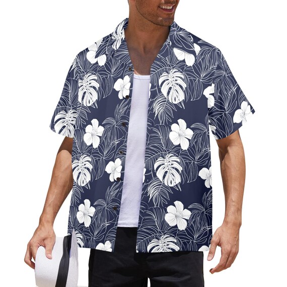 Camicia Uomo Manica Corta Con Scollo A V – Tessuto Texturizzato, Look Estivo Da Spiaggia, Colore Azzurro/Nero, Taglia XL