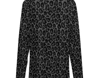 Black Leopard Women Long Sleeve Tshirt Loose Fit, Gray Animal