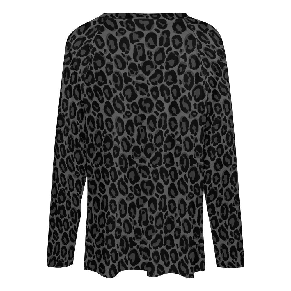 Black Leopard Women Long Sleeve Tshirt Loose Fit, Gray Animal