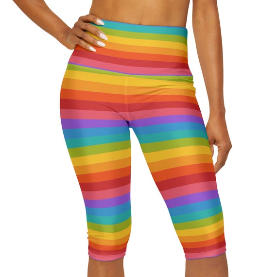 Buy Rainbow Striped Capri Leggings Women, Knee Length Cropped Yoga Pants  Printed High Waist Workout Gym Fun Designer Tights Pockets Online in India  