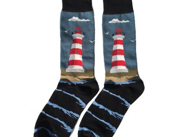 Lighthouse Socks, Nautical Maritime Ocean Black Boating Sea Blue Men Women Crew Cotton Socks Cool Cute Crazy Fun Designer socks