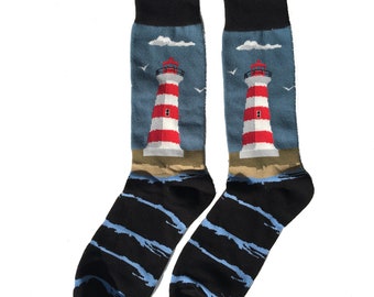 Lighthouse Socks, Nautical Maritime Ocean Black Blue Men Women Crew Cotton Socks, Cool, Cute Crazy & Fun socks