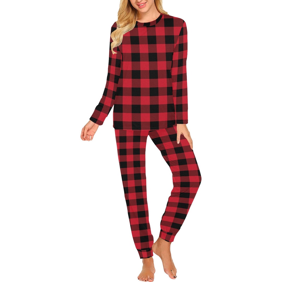 Red Buffalo Plaid Women Pajama Set, 2 Piece Pants Top PJ Checkered ...