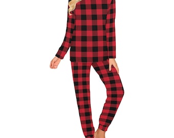 Red Buffalo Plaid Women Pajama Set, 2 Piece Pants Top PJ Checkered Winter Christmas Holiday Plaid Xmas Check Cozy Sleep Sleepwear Gift