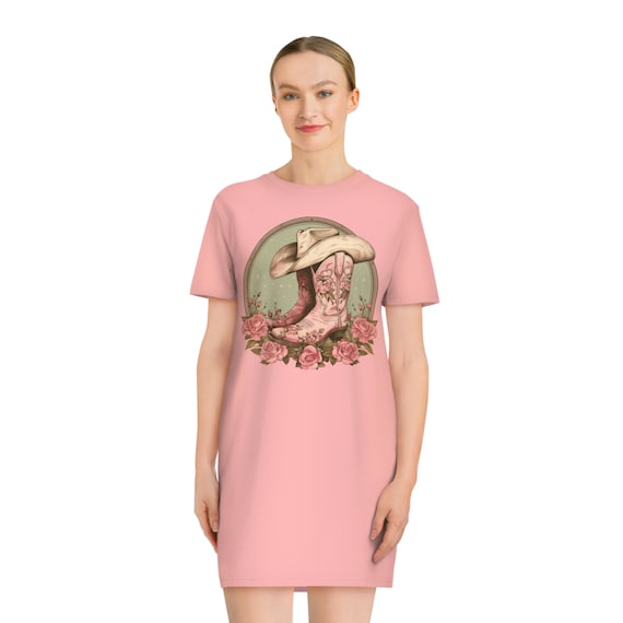 Cowgirl Boots Hat Tshirt Dress, Western Country Music Women Ladies Mini Shirt Festival Concert Party Casual Cotton Short Sleeve Tee Canyon Pink / M