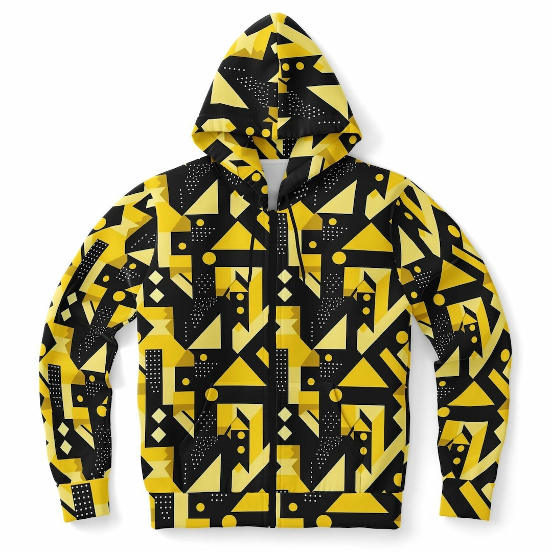 Black Yellow Zip up Hoodie, Geometric Abstract Full Zipper Pocket