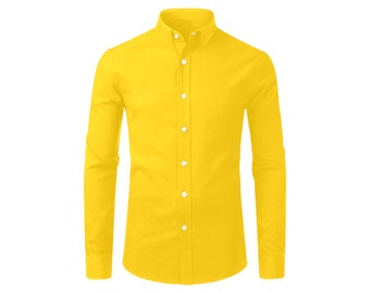 dress shirt yellow long sleeve button down Yellow Long Sleeve Men Button up Shirt, Plain Solid Color Summer Print Buttoned Collar Male Casual Dress Shirt Chest Pocket Collared