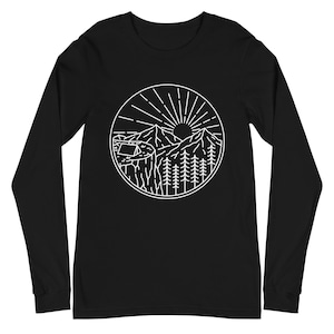Kamperen berg heren T-shirt met lange mouw, buiten wandelen Unisex jongens dames designer grafisch esthetisch gedrukt T-shirt met ronde hals
