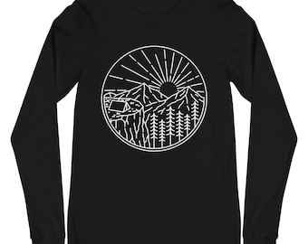 Camping Mountain Men Long Sleeve Tshirt, Outdoors Hiking Unisex Guys Women Designer Graphic Aesthetic Printed Crew Neck Tee Shirt