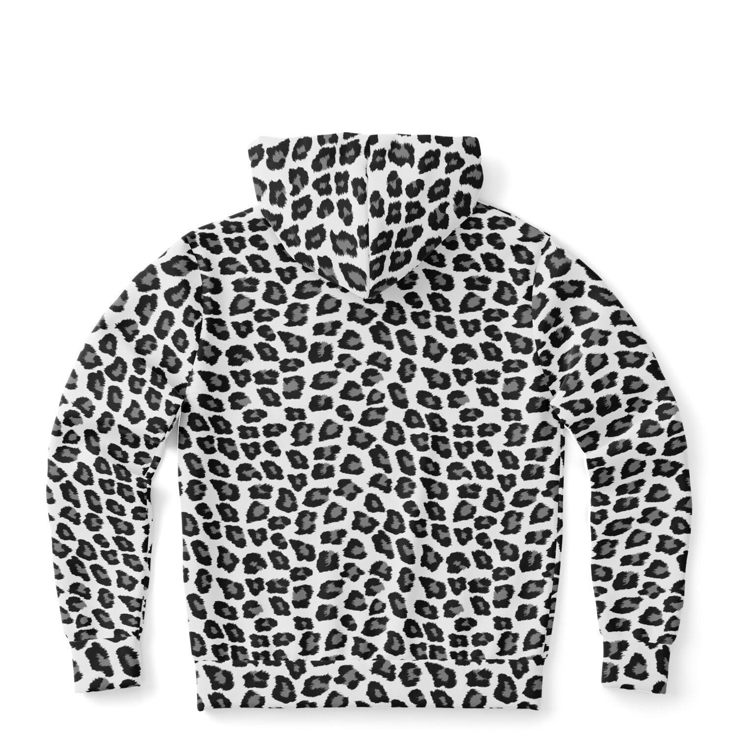 Snow Leopard Zip up Hoodie, Black White Animal Print Full Zipper