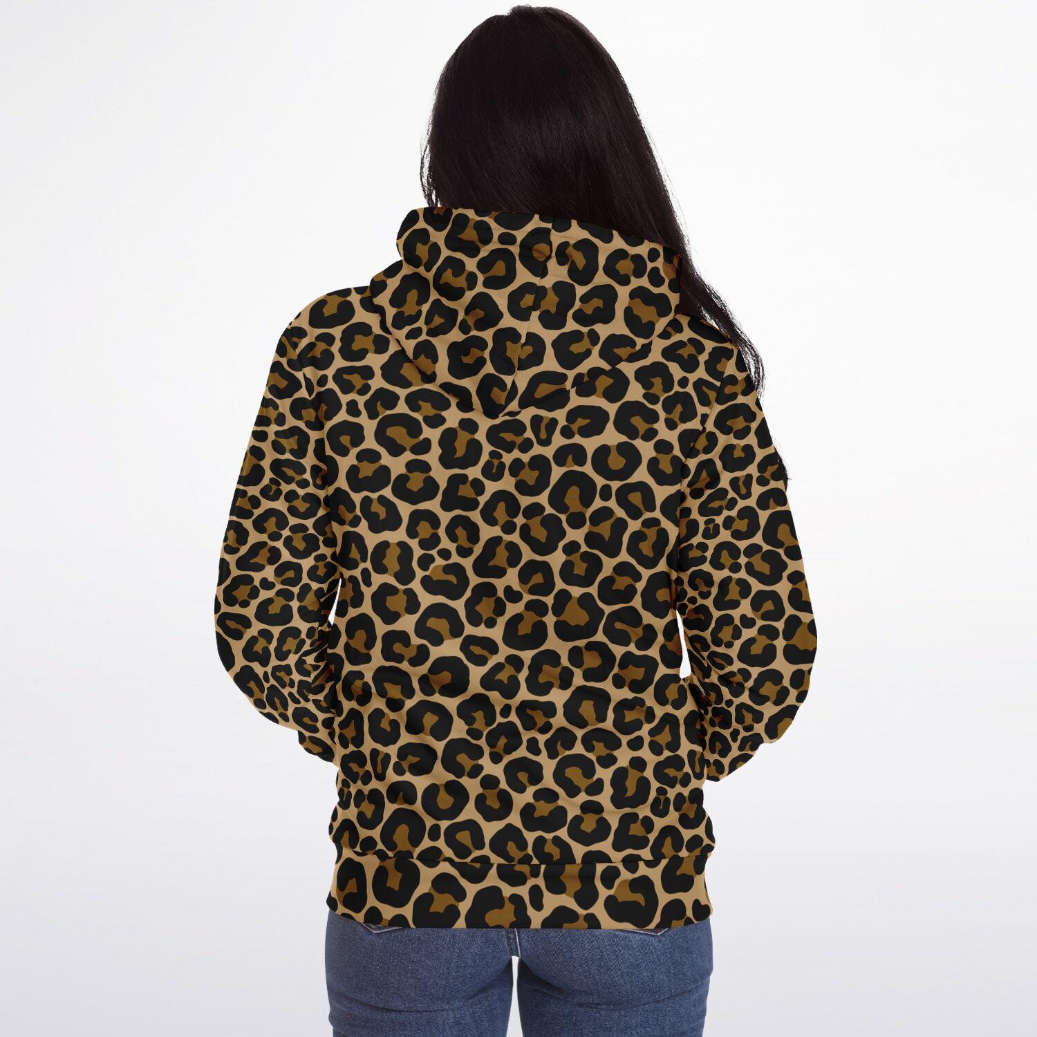 Leopard Zip up Fleece Lined Hoodie, Animal Print Brown Cheetah